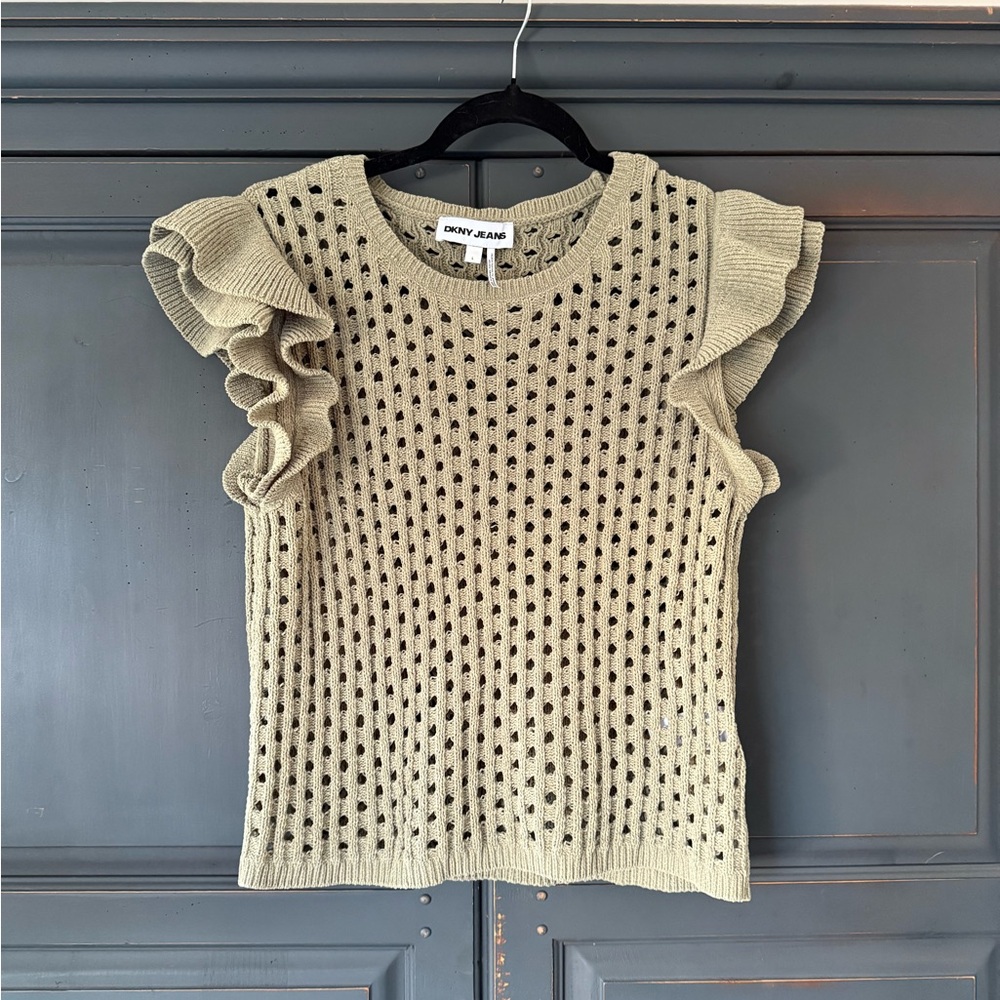 DKNY Open Knit Ruffle Shoulder Top - Olive Green Size L